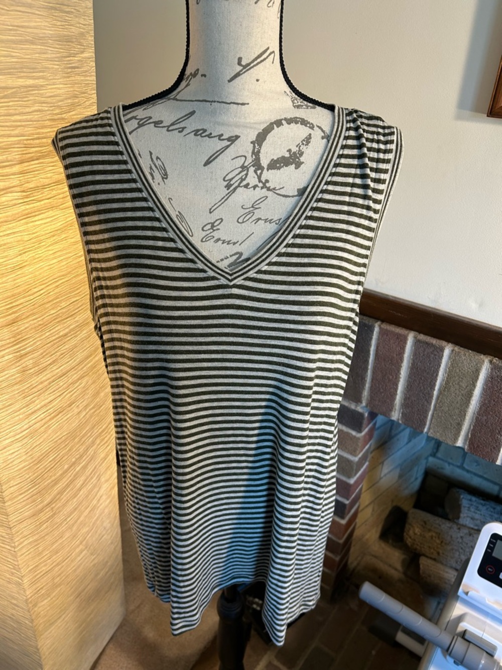CAbi olive green and cream Striped V-Neck Tank
